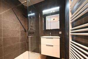 a bathroom with a shower and a sink and a mirror at Casa del Rops, luxury apartment, two bathrooms and roof terrace, near the beach in Cadzand +22 photos