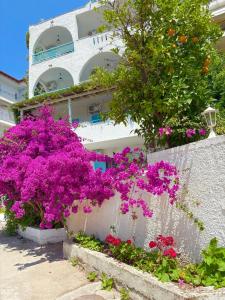 a building with purple flowers in front of it at Astri Hotel in Neos Marmaras