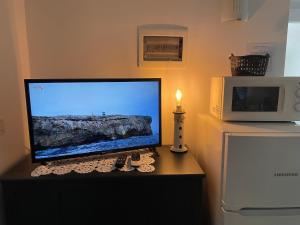a television sitting on a desk next to a microwave at Apartment Blue Haven Valun in Valun
