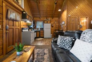 un salon avec un canapé en cuir et une cuisine dans l'établissement Location Cute Studio Log Cabin Fireplace Hot Tub, à Pigeon Forge