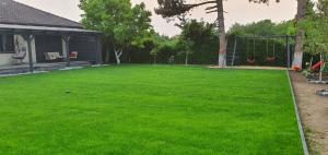 a yard with a green lawn with a swing at Neusse Ferienwohnung mit Schwimmbad in Neuss +12 photos