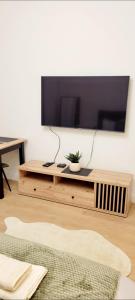 ein Wohnzimmer mit einem TV auf dem Tisch in der Unterkunft BW Queen Apartman 412-whit free garage parking in Belgrad