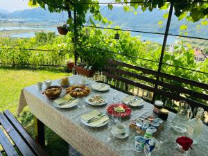 a table with food and a view of a vineyard at Apartman Lucija in Rumboci