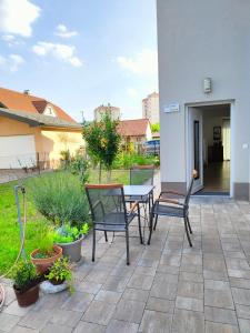 a patio with two chairs and a table and some plants at Apartma WALK in in Brežice +5 photos