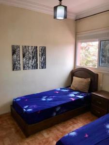 une chambre avec un lit avec des draps bleus et une fenêtre dans l'établissement Charming house in Imi Ouddar, à Agadir nʼ Aït Sa