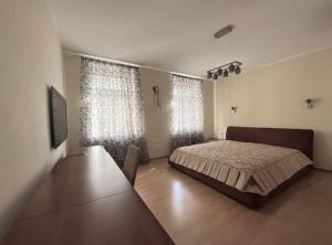 Apartment Ivana - free parking في كارلوفي فاري: غرفة نوم بسرير ونوافذ كبيرة