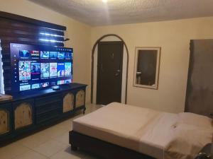 1 dormitorio con 1 cama y TV de pantalla grande en Torreón 1 - Habitación cerca del aeropuerto con alberca, en Torreón