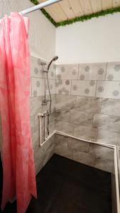 a shower in a bathroom with a red shower curtain at Casutadinvama in Vama Veche +28 photos