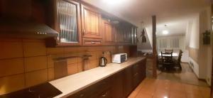 a kitchen with wooden cabinets and a counter top at Domek Karolinka in Lubawka +5 photos