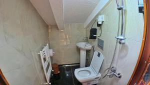 a small bathroom with a toilet and a sink at Meric Hotel in Uzungöl +39 photos