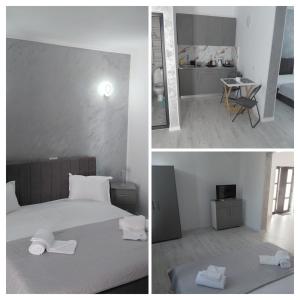 two pictures of a bedroom with a bed and a kitchen at Casa Carina in Brăila