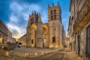 an old church with two towers on a street at Le Refuge de l'Écusson - T2 centre-ville, WIFI in Montpellier +6 photos
