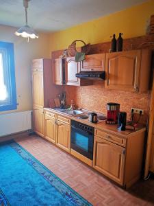 a kitchen with wooden cabinets and a stove top oven at Thüringer Landhaus in Gehlberg