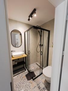 a bathroom with a shower and a toilet and a sink at Apartament Blue in Rzeszów