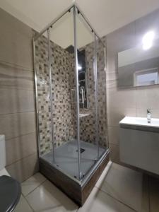 una ducha en un baño con inodoro y lavabo en Trois Ilets Studio EDEN VILLAGE, en Les Trois-Îlets
