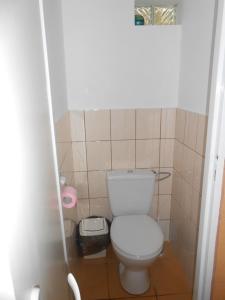 a bathroom with a white toilet in a stall at Domek letniskowy "BRDA" - Ostoja Ślesin in Półwiosek Stary