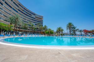 a large swimming pool with chairs and palm trees at Seagulls melody C-209 in Adeje