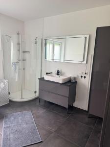 a bathroom with a sink and a shower and a mirror at Zentral & Ruhig - Apartment für 6 Gäste in Top Lage! in Königswinter +18 photos
