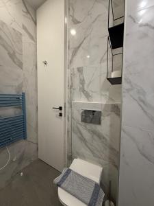 a bathroom with a toilet and a marble wall at Cosy Apartment on Mpoleti in Loutraki +7 photos