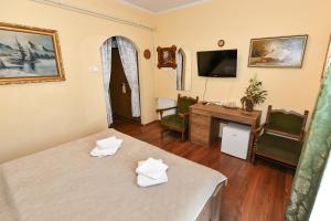 a room with a bed and a desk and a television at Lagúna Panzio Szántód in Szántód