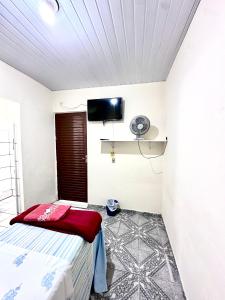 a bedroom with a bed and a flat screen tv at Pousada Vó Celina in Belo Horizonte