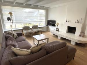 a living room with a couch and a fireplace at Villa Mer - Large luxury family holiday home Ziltwater in Cadzand