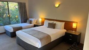 a hotel room with two beds and a window at Punga Grove in Franz Josef