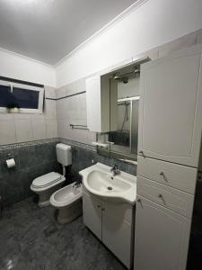 a bathroom with a sink and a toilet and a mirror at Apartman Nada in Biograd na Moru +8 photos