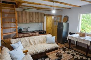a living room with a couch and a kitchen at Dikellari Guest House in Pogradec