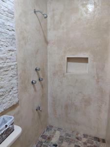 a bathroom with a shower with a sink at Chan Kiin Departamentos in Valladolid