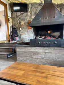 a kitchen with a stove with a stone wall at Cabaña Los Molles in Malargüe