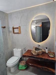 a bathroom with a white toilet and a mirror at Chalé Duplex Beira Mar Macapá in Luis Correia