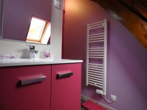 a bathroom with a sink and a purple wall at Gîte paisible près de l'Indre, proche de la nature, 2 chambres - FR-1-591-750 in Buzançais