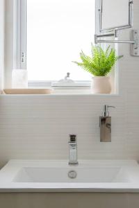 a bathroom sink with a plant in a window at Beachfront Bliss Where Sea Breeze Meets Style in Narrabeen +13 photos