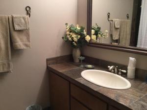 ein Badezimmer mit einem Waschbecken, einem Spiegel und Blumen in der Unterkunft A Cascade View Bed And Breakfast in Bellevue