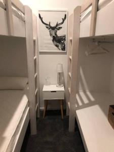 a room with two bunk beds and a table with a lamp at Alpina Apartment 1 in Falls Creek
