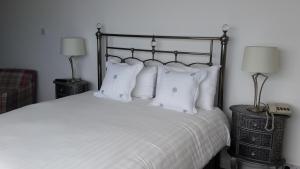 
a white bed with two pillows and a lamp at Halfway House Hotel in Larne
