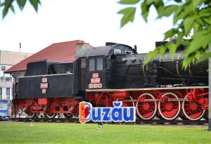 Ein schwarz-roter Zug steht auf den Gleisen. in der Unterkunft Express City in Buzău