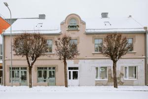 a pink building with three trees in the snow at Saieta 2 Apartment II in Madona