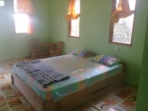 a bed in a green room with two windows at Bunda Homestay and Garden Warung 