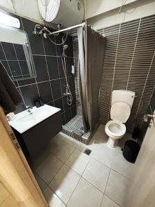a bathroom with a shower and a toilet and a sink at La kaza studio in Ofrínion