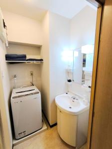 a small bathroom with a sink and a mirror at 鹿鳴黄金1 in Nagoya