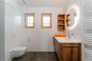 a bathroom with a toilet and a sink and a mirror at Ferienwohnungen Leitner-Ebenberger in Greifenburg +17 photos