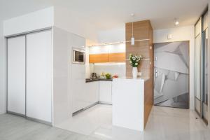 een keuken met witte muren en een witte koelkast bij Silver Apart Rzeszów in Rzeszów
