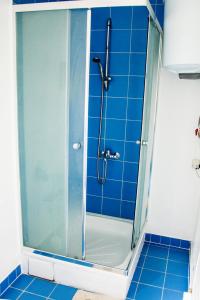 a shower with a glass door in a bathroom at Ramybes Uostas in Švedriškė