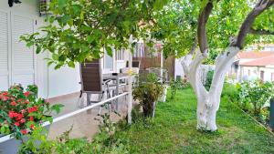 a patio with a table and chairs under a tree at Ifigenias apartment in Áyios Pétros