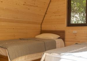 two beds in a log cabin with a window at Pinehouse Urtkhva in Surami in Bugaura