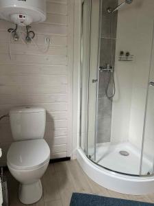 a white bathroom with a toilet and a shower at "Morze Spokoju" domki letniskowe in Darlowko +8 photos