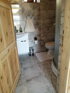 a bathroom with a toilet and a sink and a door at Restored stone house with terrace and gardens in Demre +106 photos