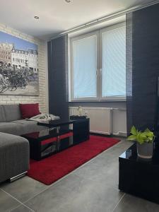 ブラチスラヴァにあるRR bus station apartmentのリビングルーム(ソファ、赤い敷物付)